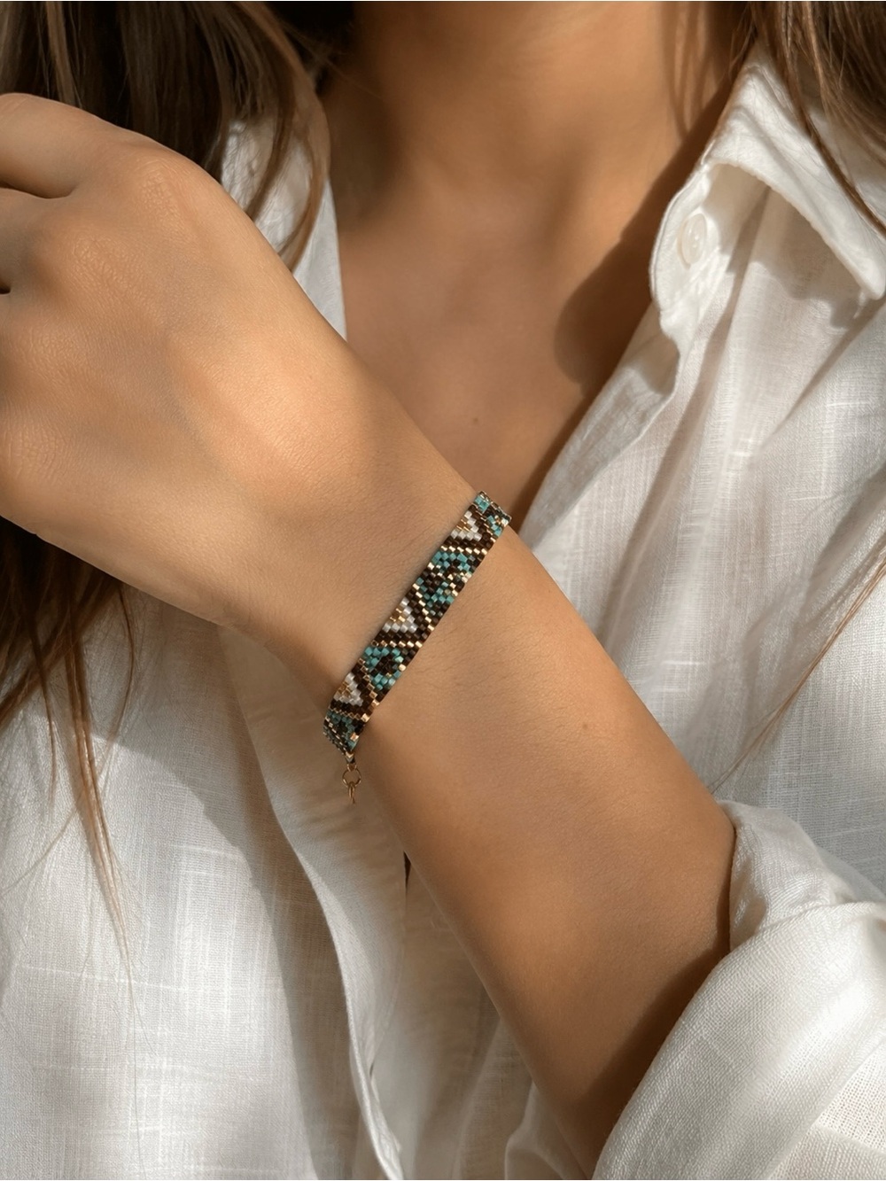 Handmade Beaded Chevron Bracelet in Turquoise & Brown